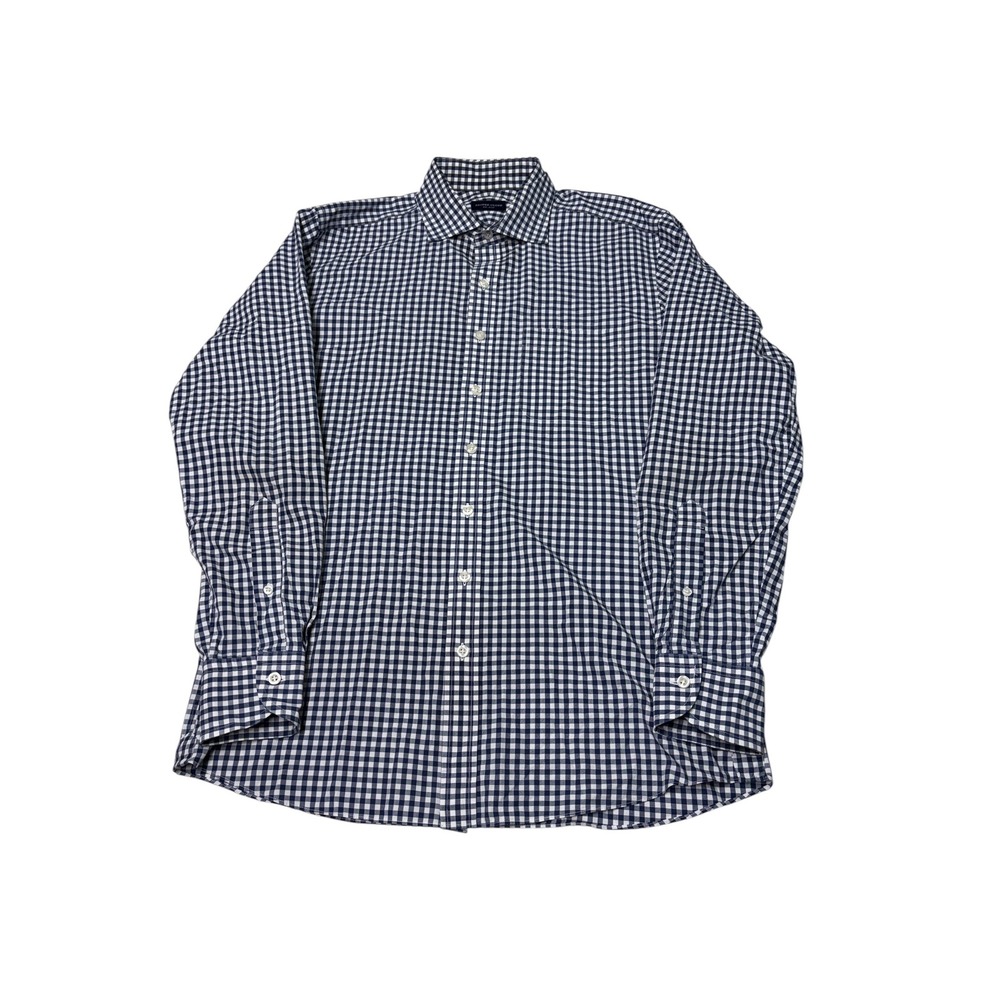 Proper Cloth Mens Navy Blue White Gingham Check Cotton Button Down Shirt 16.5